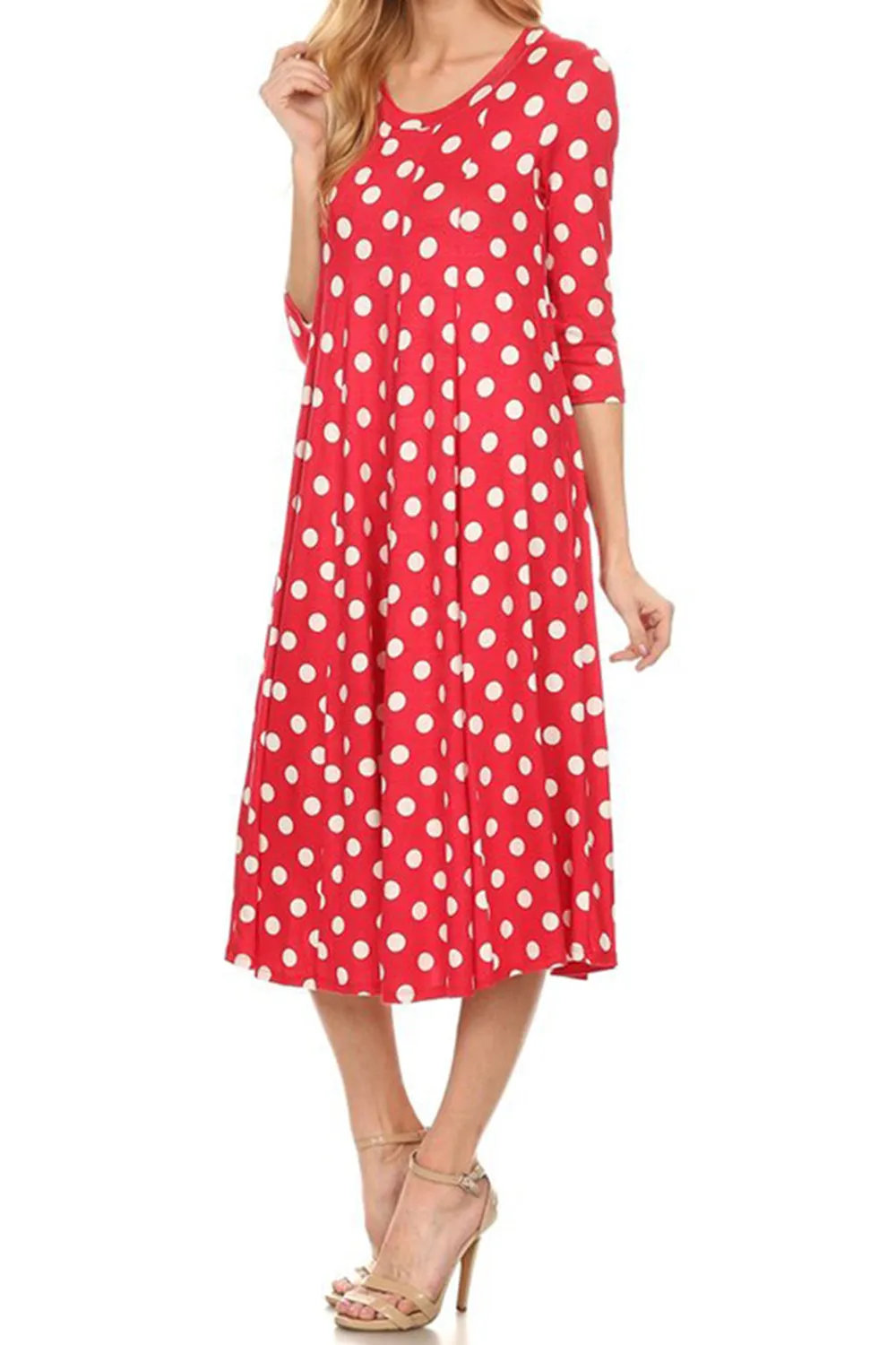 Women's Loose Fit Scoop Neck 3/4 Sleeve Polka Dot Patterned A-Line Midi Dress