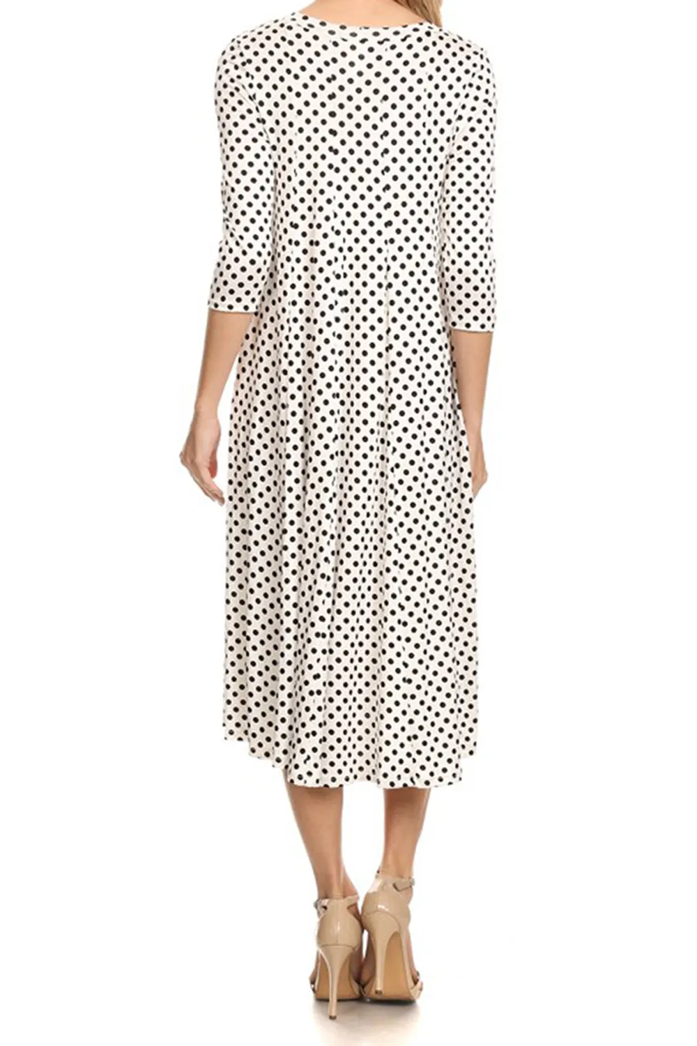 Women's Loose Fit Scoop Neck 3/4 Sleeve Polka Dot Patterned A-Line Midi Dress