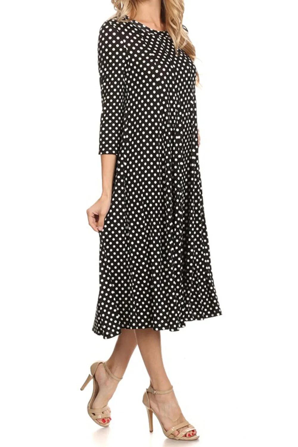 Women's Loose Fit Scoop Neck 3/4 Sleeve Polka Dot Patterned A-Line Midi Dress