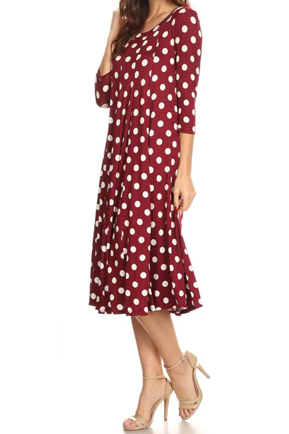Women's Loose Fit Scoop Neck 3/4 Sleeve Polka Dot Patterned A-Line Midi Dress