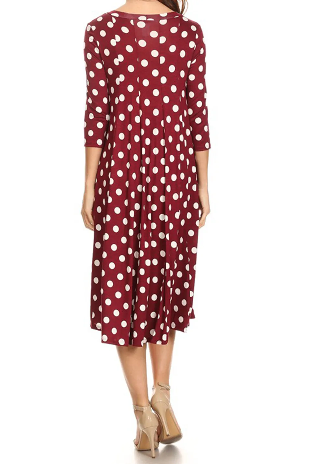 Women's Loose Fit Scoop Neck 3/4 Sleeve Polka Dot Patterned A-Line Midi Dress