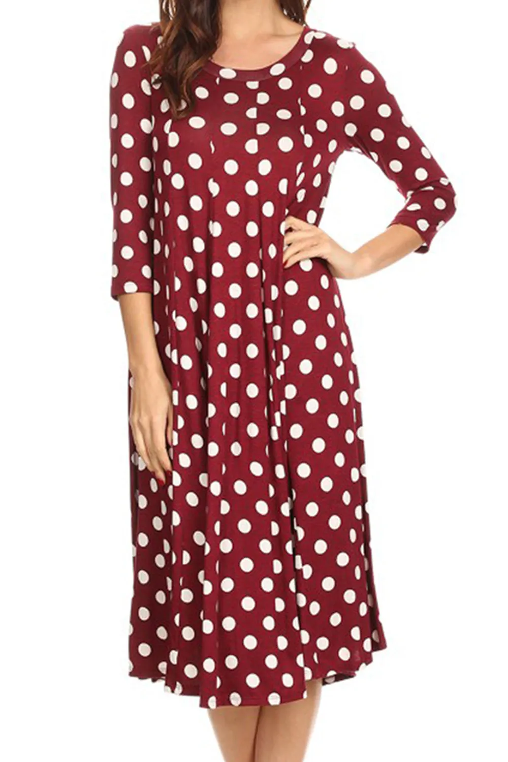 Women's Loose Fit Scoop Neck 3/4 Sleeve Polka Dot Patterned A-Line Midi Dress