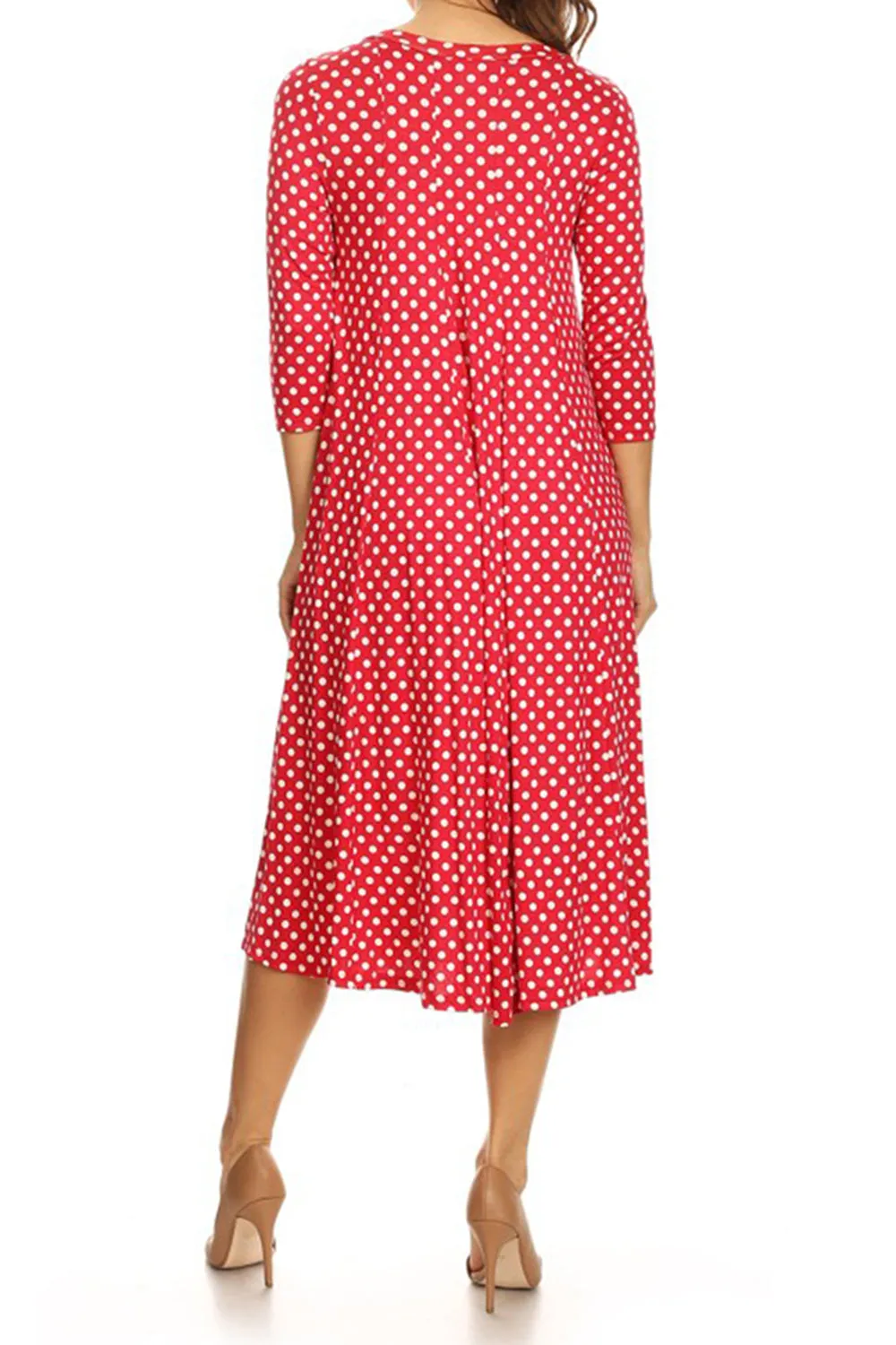 Women's Loose Fit Scoop Neck 3/4 Sleeve Polka Dot Patterned A-Line Midi Dress