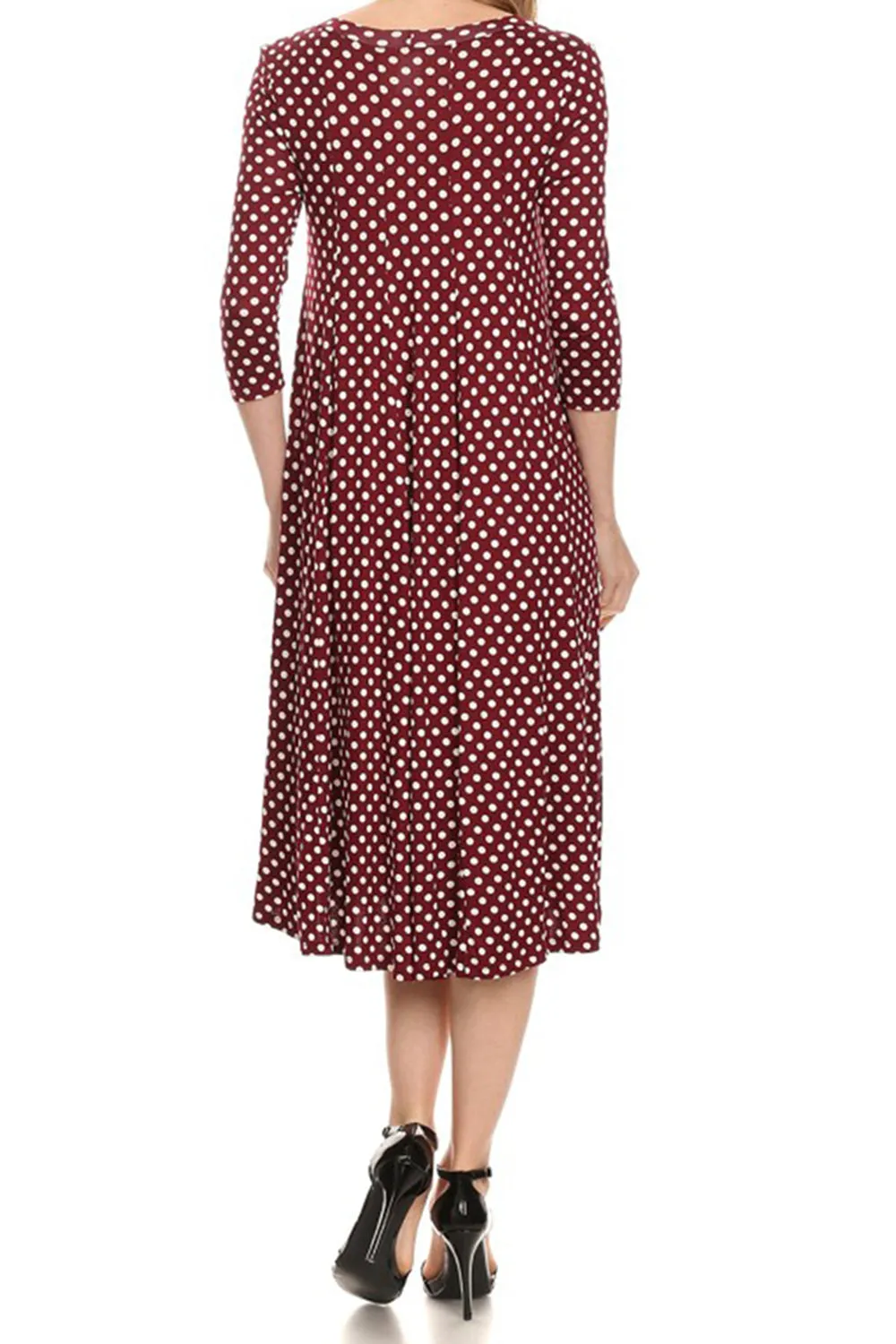Women's Loose Fit Scoop Neck 3/4 Sleeve Polka Dot Patterned A-Line Midi Dress