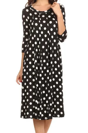 Women's Loose Fit Scoop Neck 3/4 Sleeve Polka Dot Patterned A-Line Midi Dress