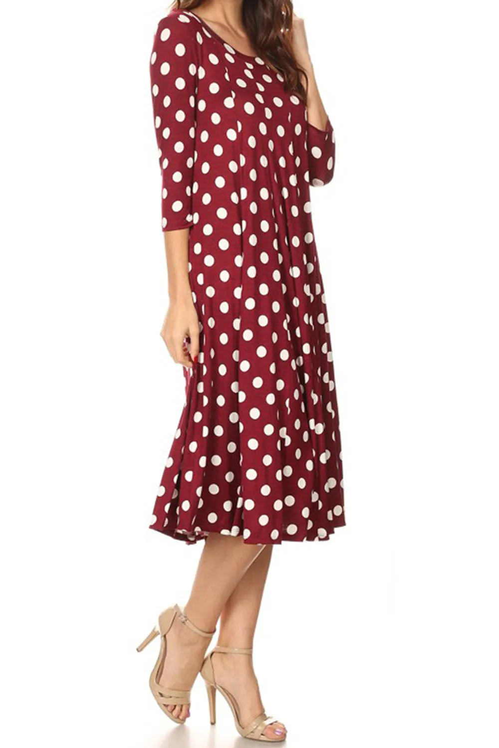 Women's Loose Fit Scoop Neck 3/4 Sleeve Polka Dot Patterned A-Line Midi Dress