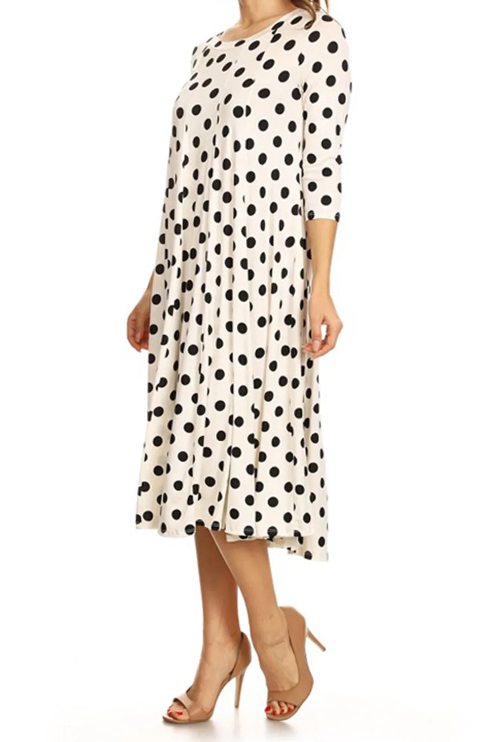 Women's Loose Fit Scoop Neck 3/4 Sleeve Polka Dot Patterned A-Line Midi Dress
