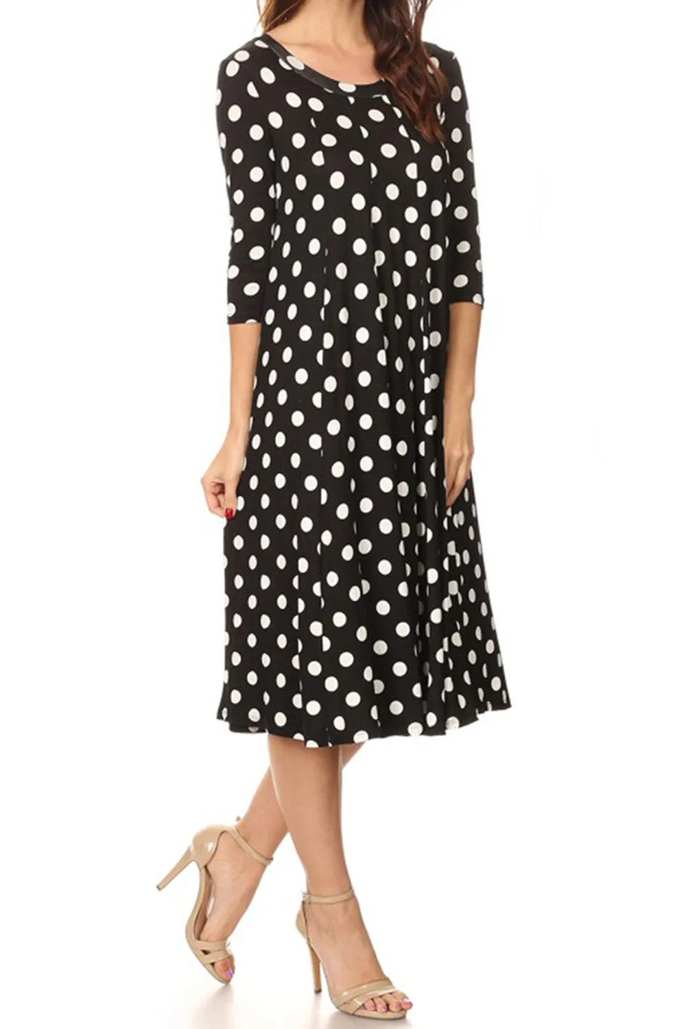 Women's Loose Fit Scoop Neck 3/4 Sleeve Polka Dot Patterned A-Line Midi Dress