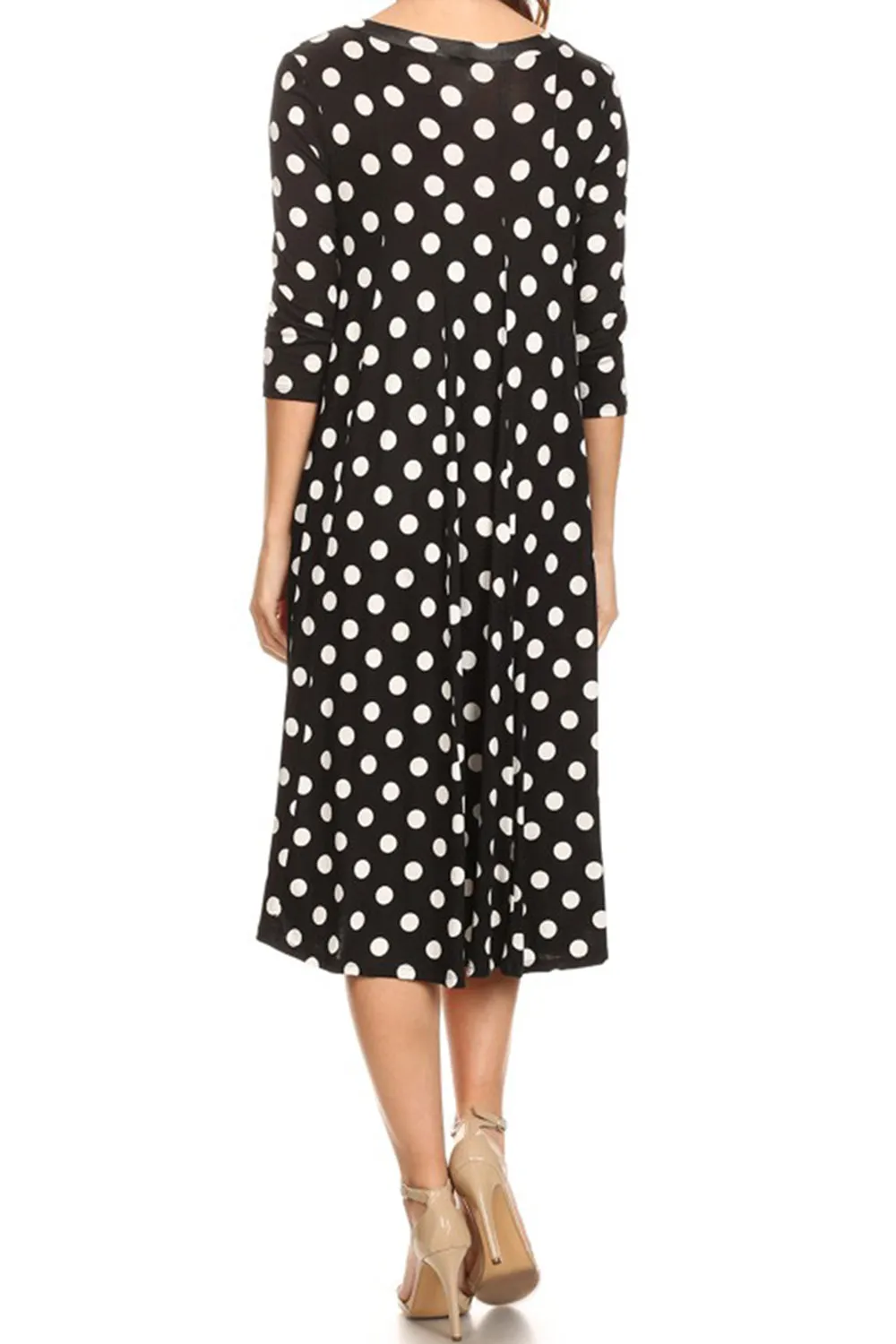 Women's Loose Fit Scoop Neck 3/4 Sleeve Polka Dot Patterned A-Line Midi Dress