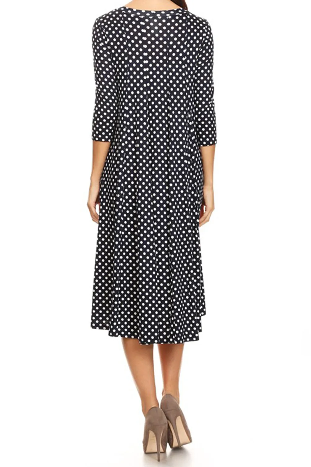 Women's Loose Fit Scoop Neck 3/4 Sleeve Polka Dot Patterned A-Line Midi Dress