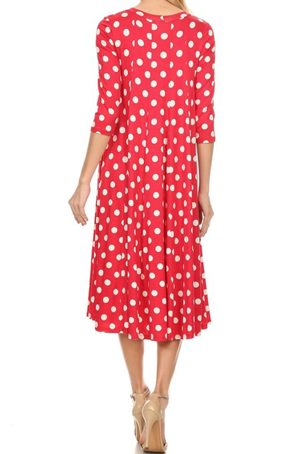 Women's Loose Fit Scoop Neck 3/4 Sleeve Polka Dot Patterned A-Line Midi Dress