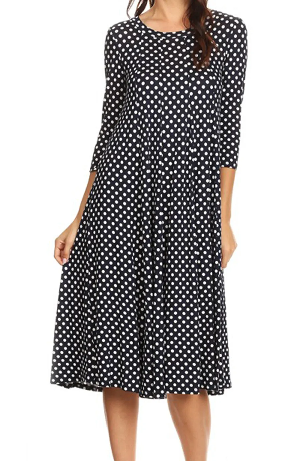 Women's Loose Fit Scoop Neck 3/4 Sleeve Polka Dot Patterned A-Line Midi Dress