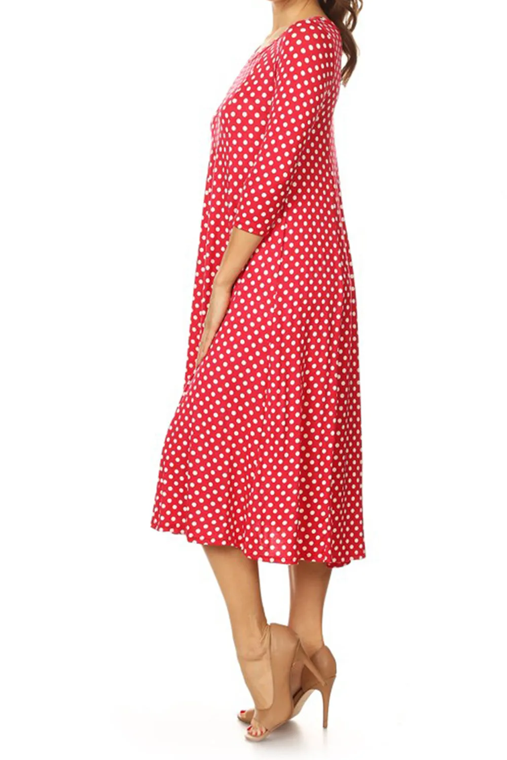 Women's Loose Fit Scoop Neck 3/4 Sleeve Polka Dot Patterned A-Line Midi Dress