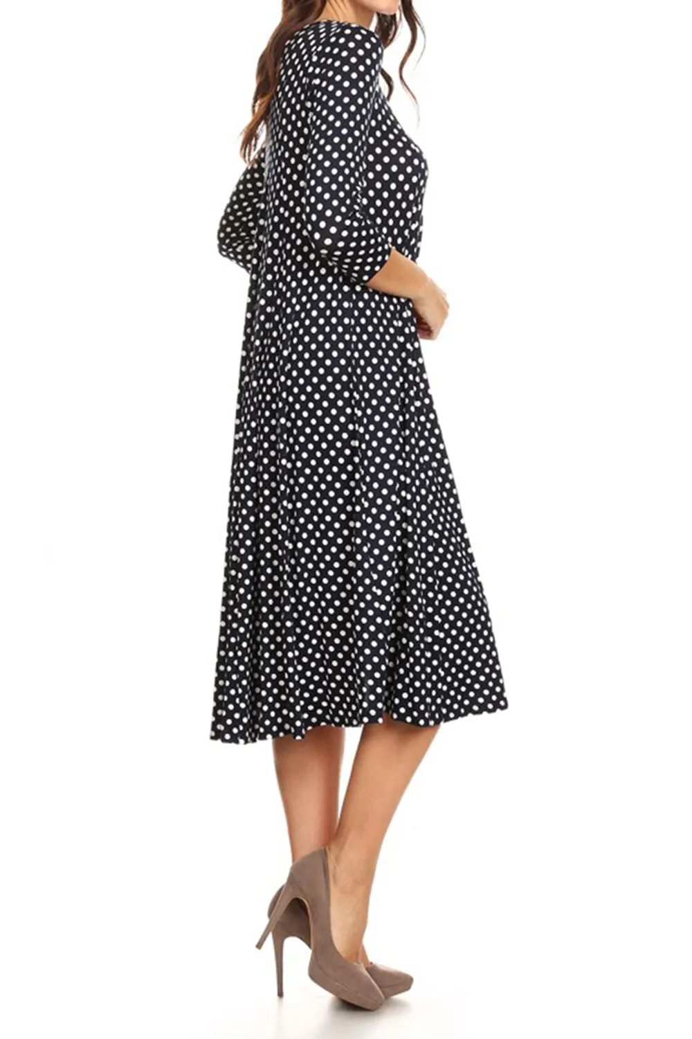 Women's Loose Fit Scoop Neck 3/4 Sleeve Polka Dot Patterned A-Line Midi Dress