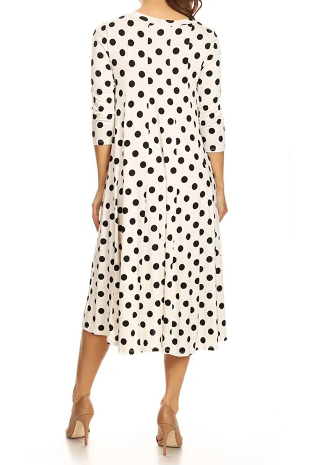 Women's Loose Fit Scoop Neck 3/4 Sleeve Polka Dot Patterned A-Line Midi Dress