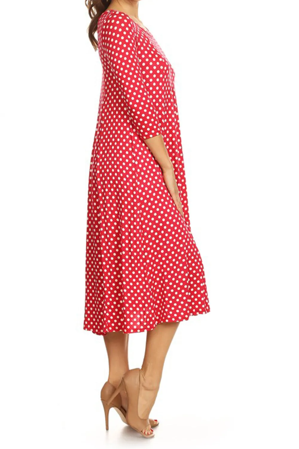 Women's Loose Fit Scoop Neck 3/4 Sleeve Polka Dot Patterned A-Line Midi Dress