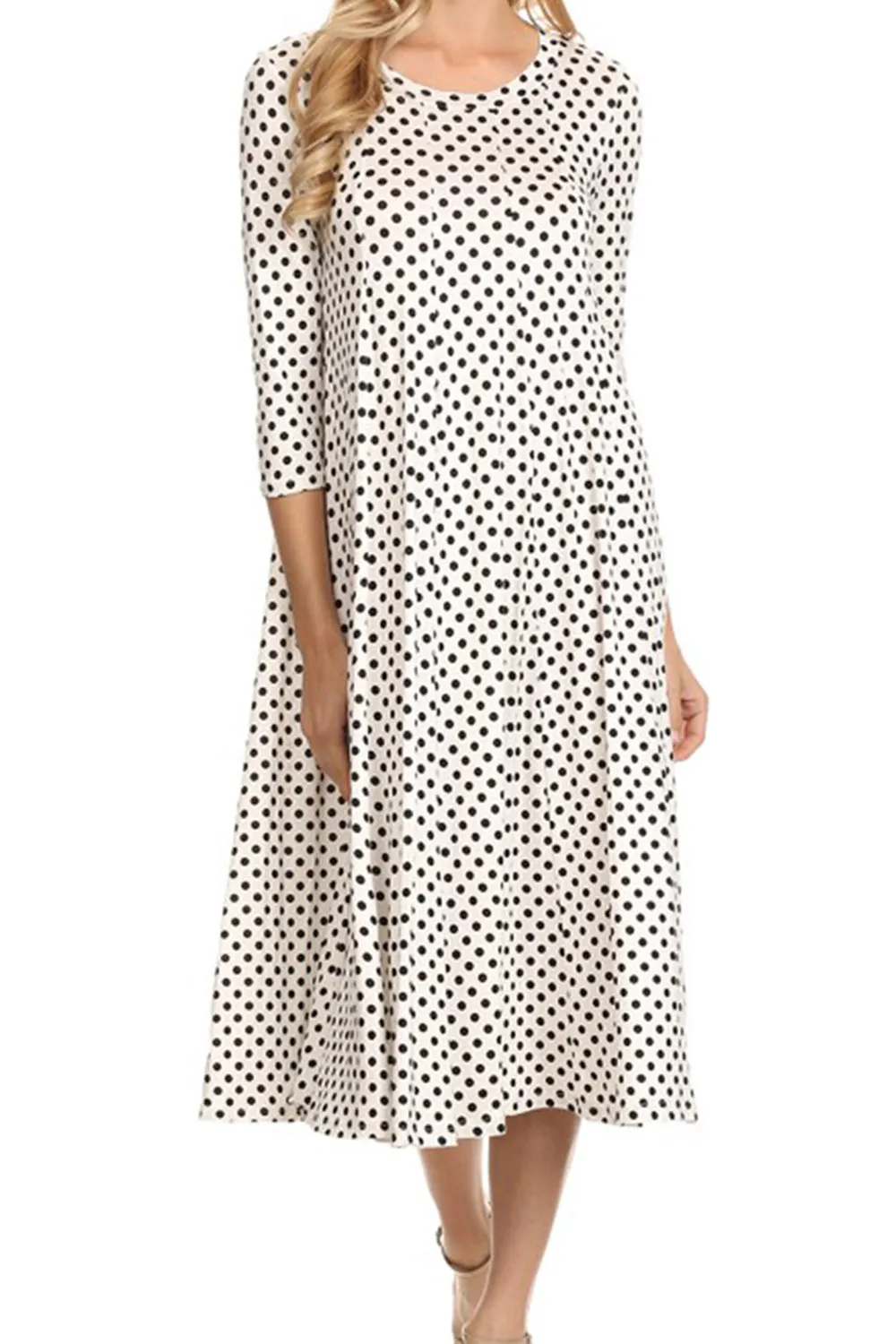 Women's Loose Fit Scoop Neck 3/4 Sleeve Polka Dot Patterned A-Line Midi Dress