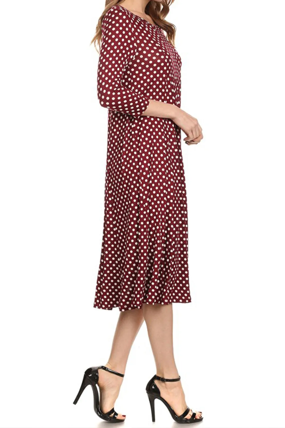 Women's Loose Fit Scoop Neck 3/4 Sleeve Polka Dot Patterned A-Line Midi Dress