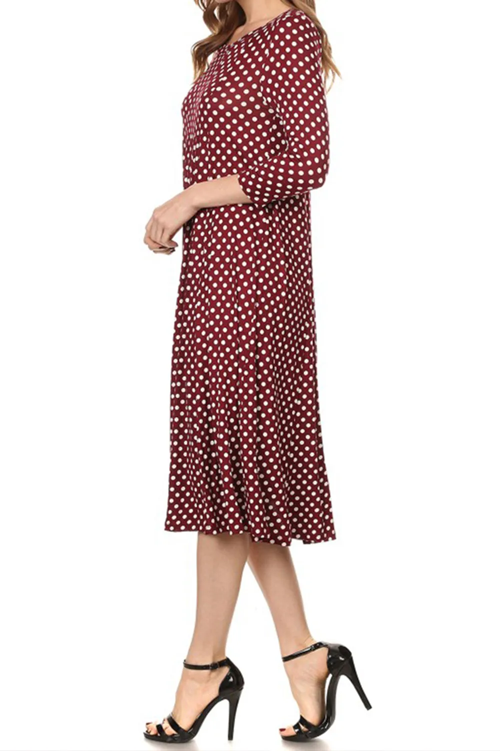 Women's Loose Fit Scoop Neck 3/4 Sleeve Polka Dot Patterned A-Line Midi Dress