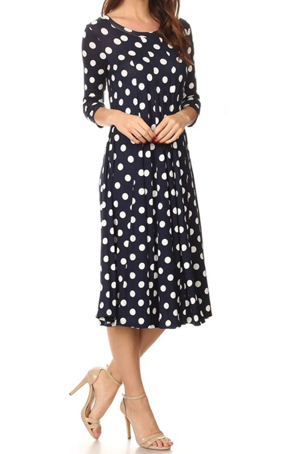Women's Loose Fit Scoop Neck 3/4 Sleeve Polka Dot Patterned A-Line Midi Dress
