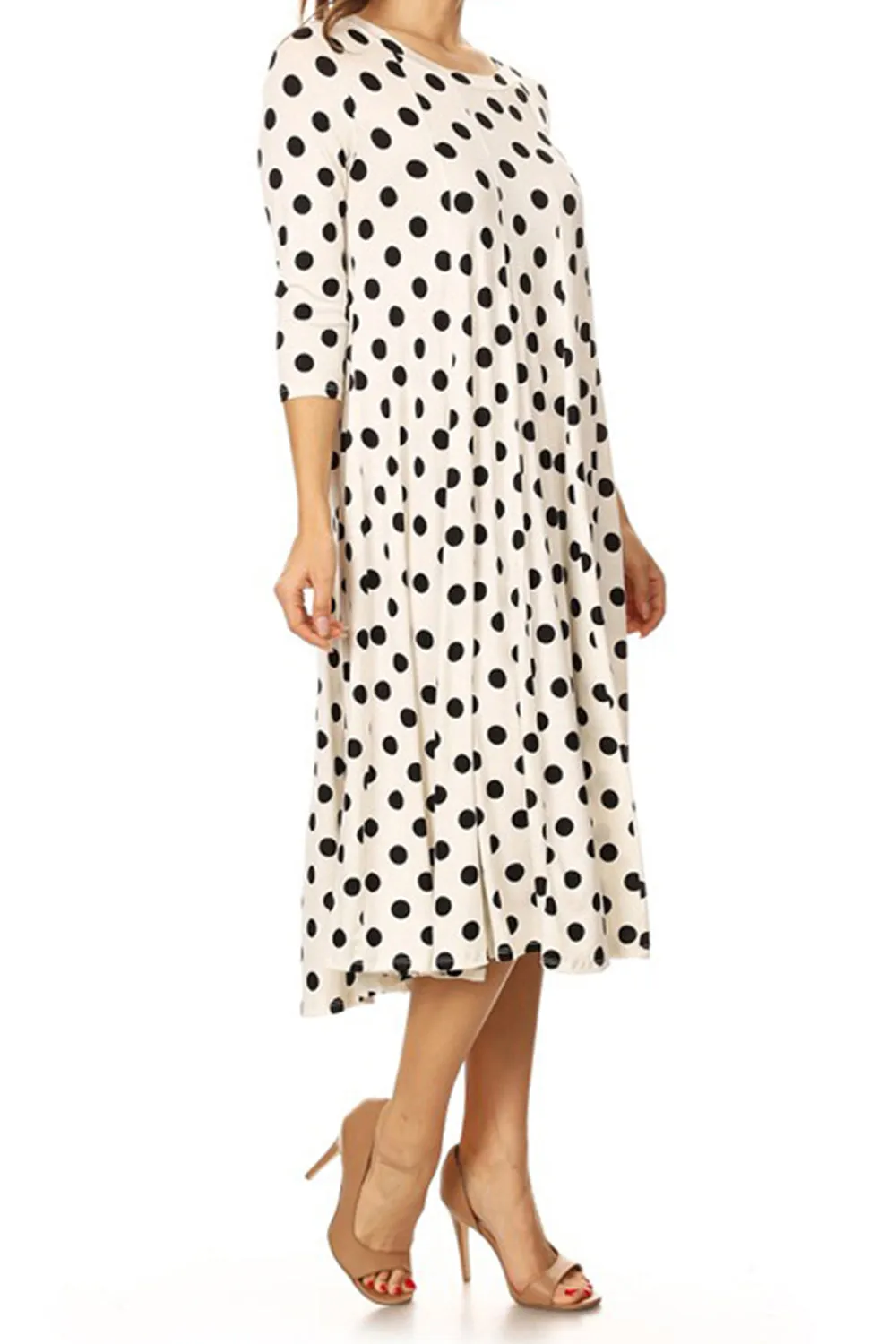 Women's Loose Fit Scoop Neck 3/4 Sleeve Polka Dot Patterned A-Line Midi Dress