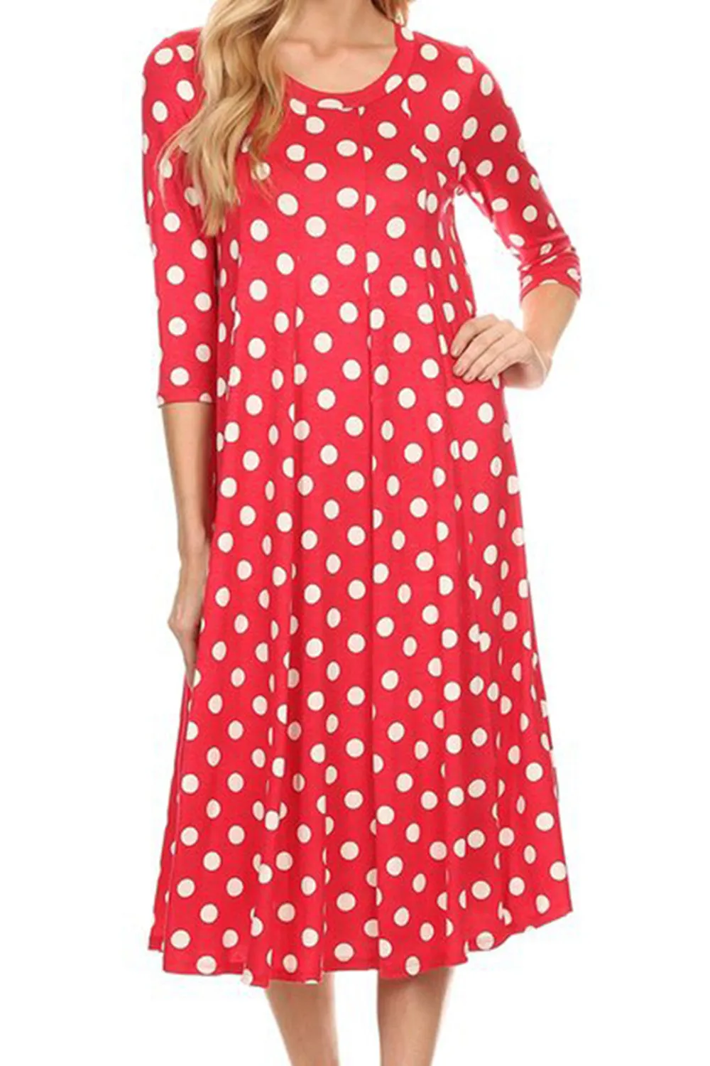 Women's Loose Fit Scoop Neck 3/4 Sleeve Polka Dot Patterned A-Line Midi Dress
