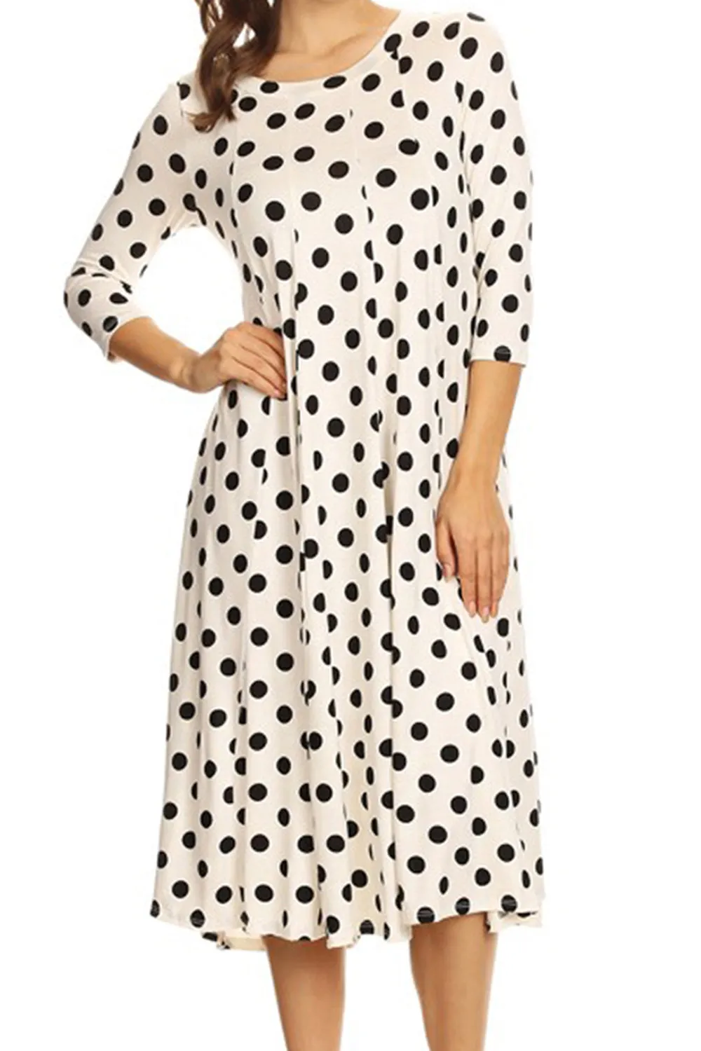 Women's Loose Fit Scoop Neck 3/4 Sleeve Polka Dot Patterned A-Line Midi Dress