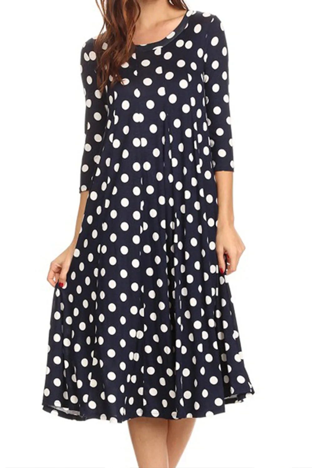 Women's Loose Fit Scoop Neck 3/4 Sleeve Polka Dot Patterned A-Line Midi Dress