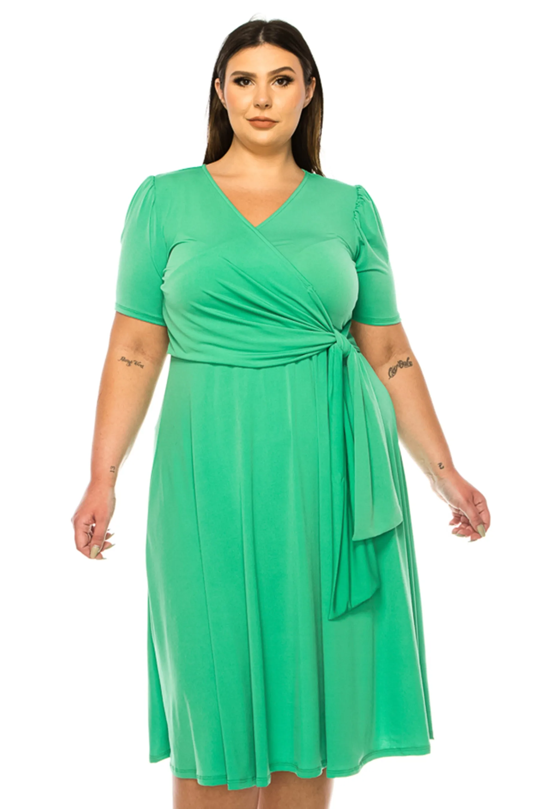 Women's Plus size Stylish Solid Faux Wrap Dress with Deep V-Neck