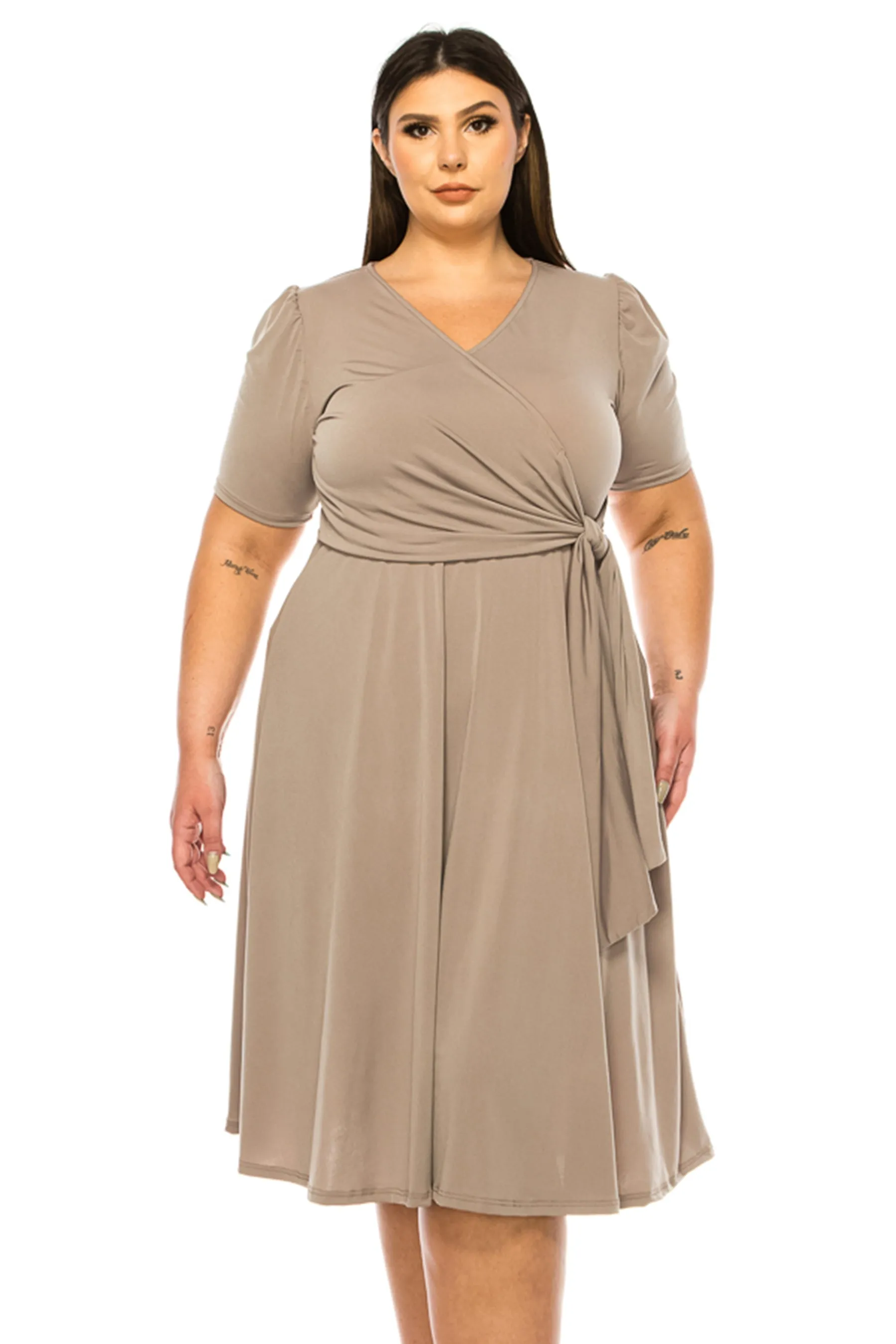 Women's Plus size Stylish Solid Faux Wrap Dress with Deep V-Neck