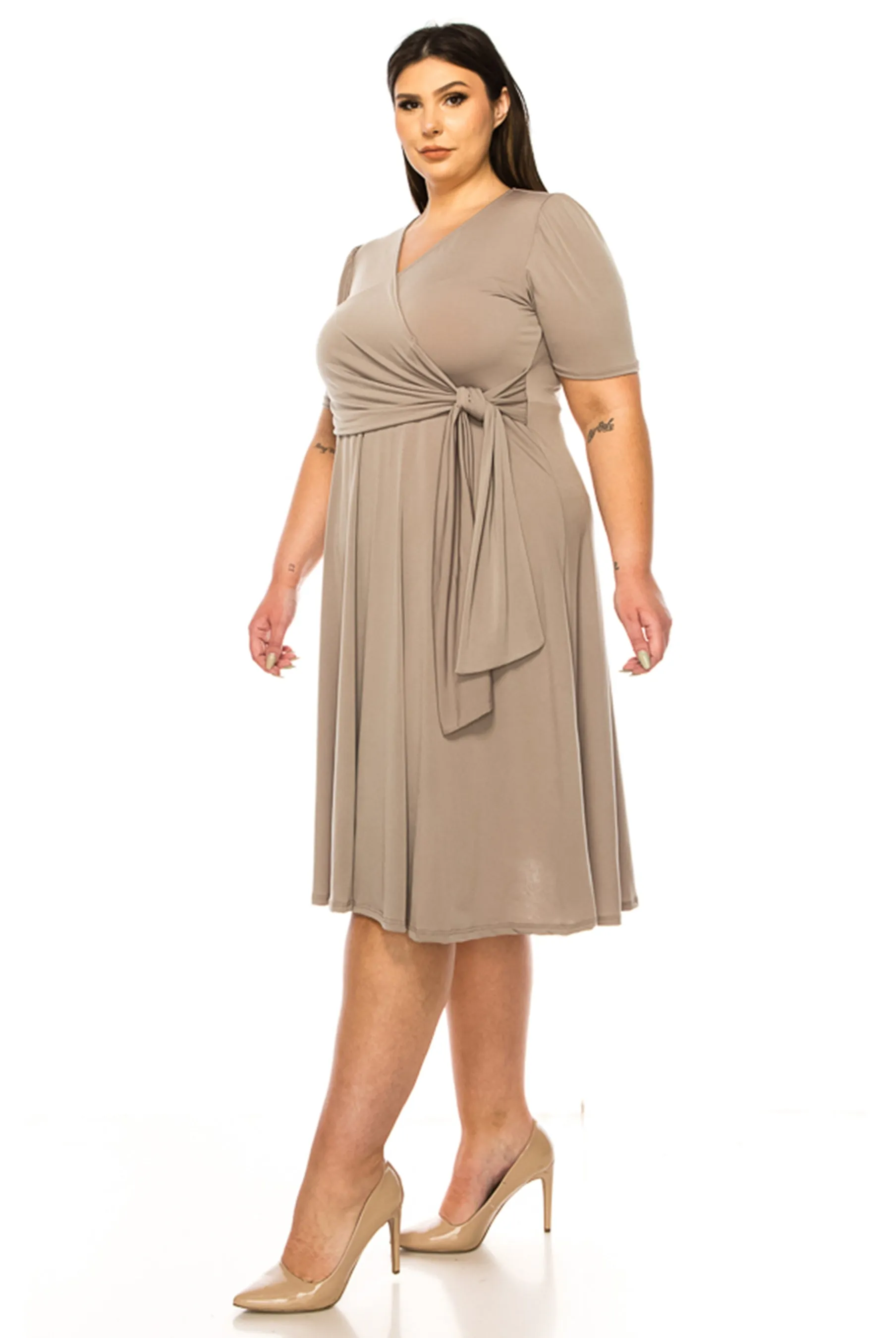 Women's Plus size Stylish Solid Faux Wrap Dress with Deep V-Neck