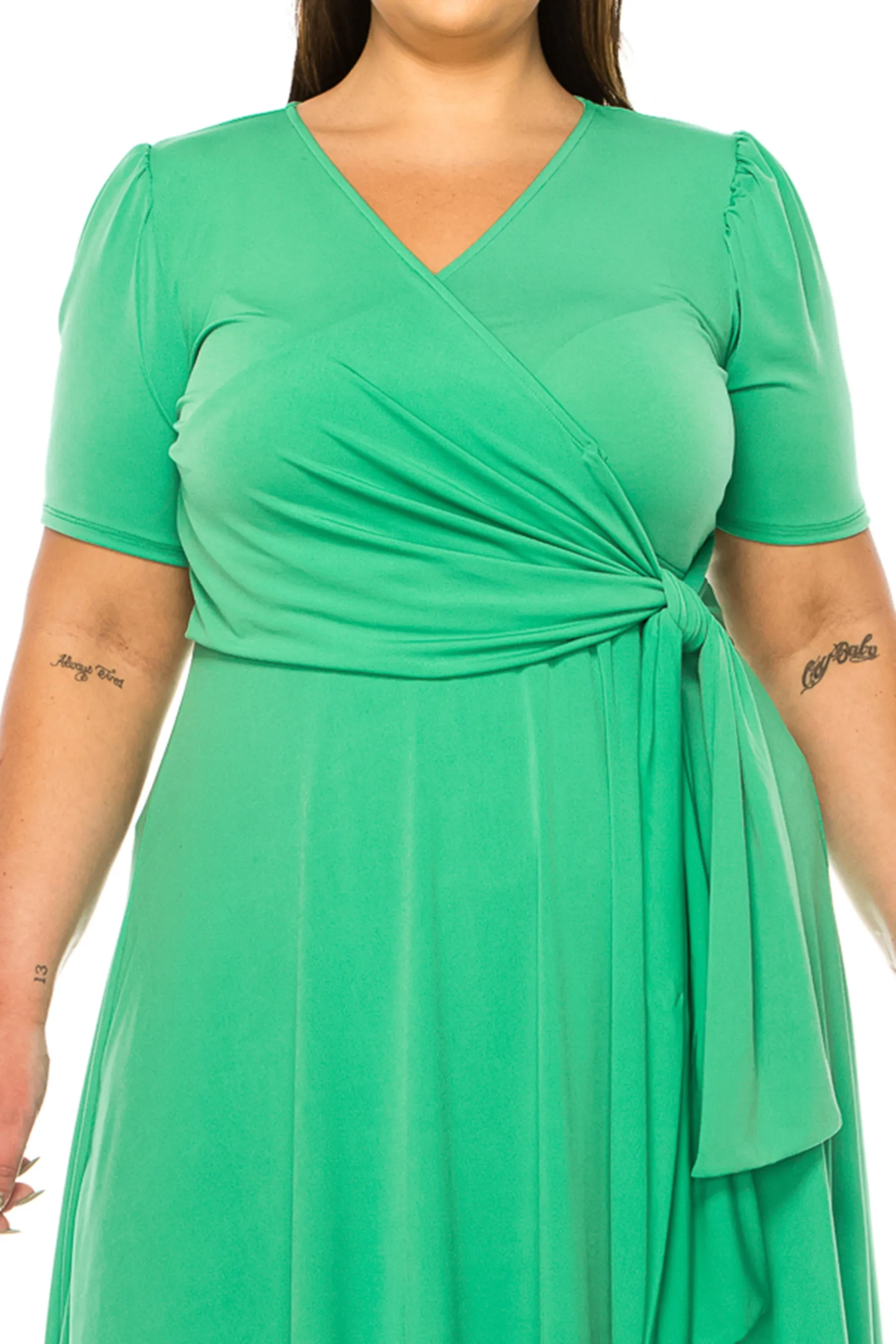 Women's Plus size Stylish Solid Faux Wrap Dress with Deep V-Neck