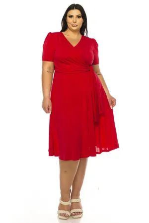 Women's Plus size Stylish Solid Faux Wrap Dress with Deep V-Neck