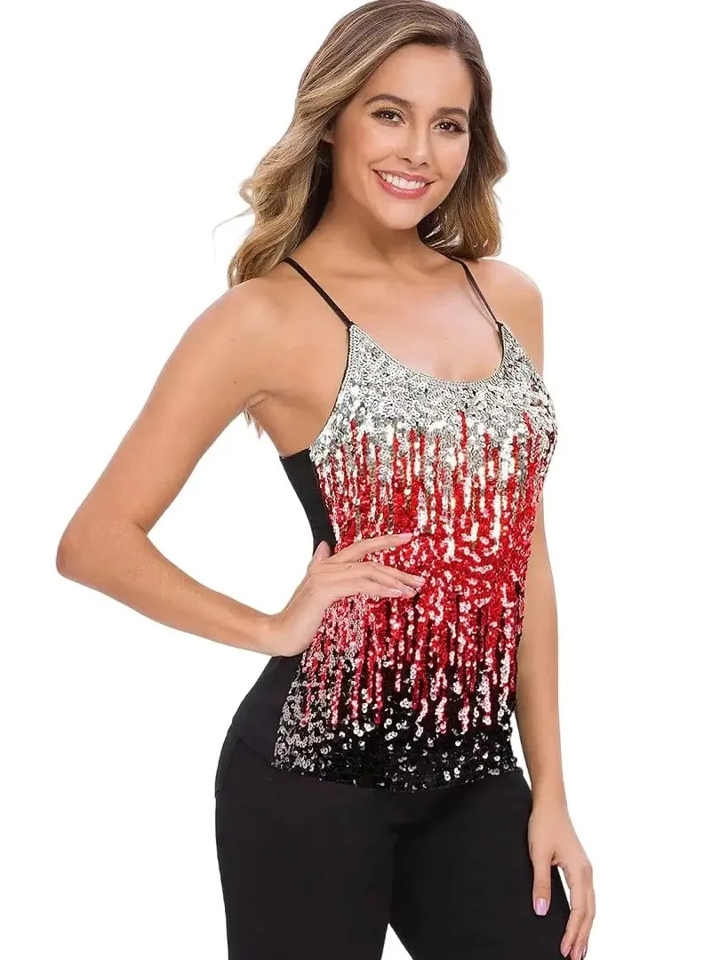 Women’s Sequin Tops Glitter Party Strappy Tank Top Sparkle Scoop Neck Sleeveless Adjustable Straps Gradient Cami Club Disco