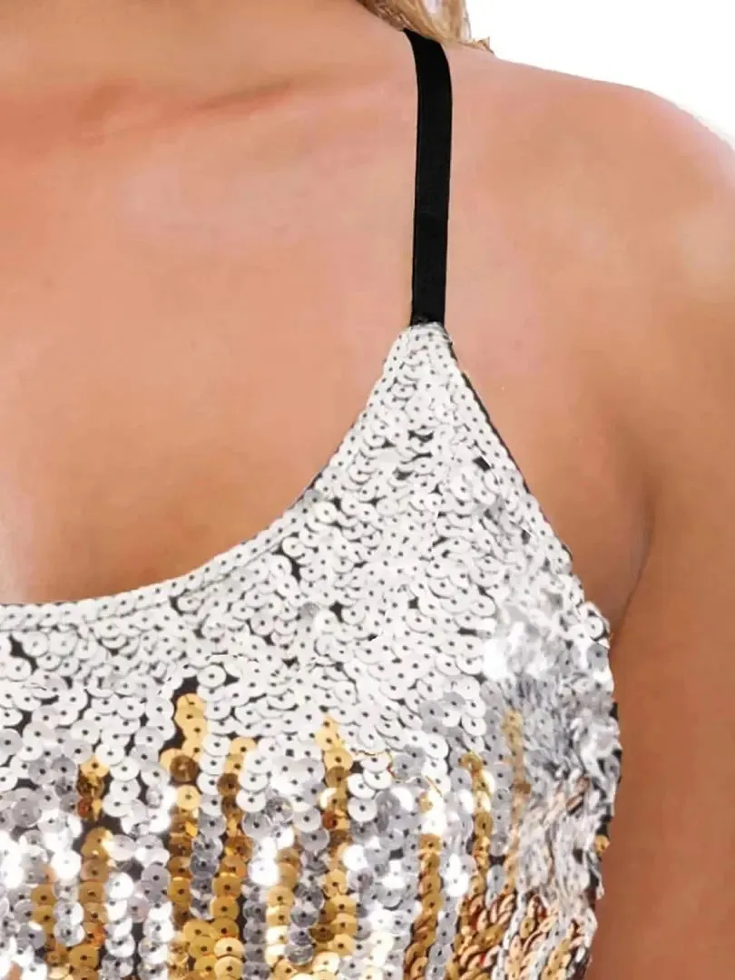 Women’s Sequin Tops Glitter Party Strappy Tank Top Sparkle Scoop Neck Sleeveless Adjustable Straps Gradient Cami Club Disco