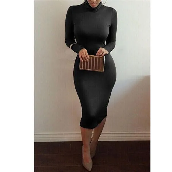 Women's Slim Fashion Europe Style High Neck Clubwear Night Wear Bodycon solid sheath Dresses