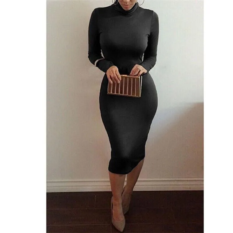 Women's Slim Fashion Europe Style High Neck Clubwear Night Wear Bodycon solid sheath Dresses
