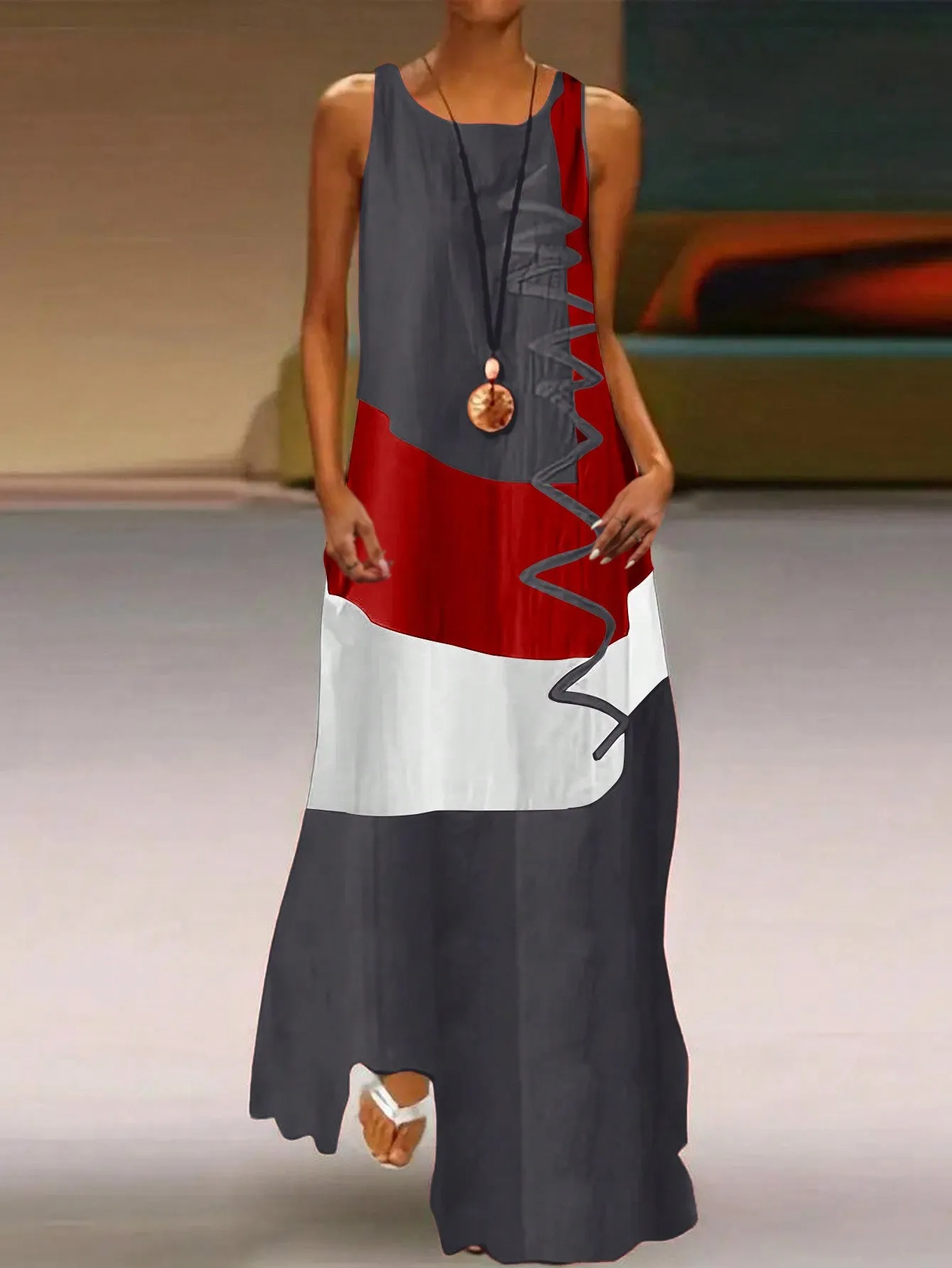 Women's Summer Colorblock Round Neck Sleeveless Maxi Casual Shift Dress