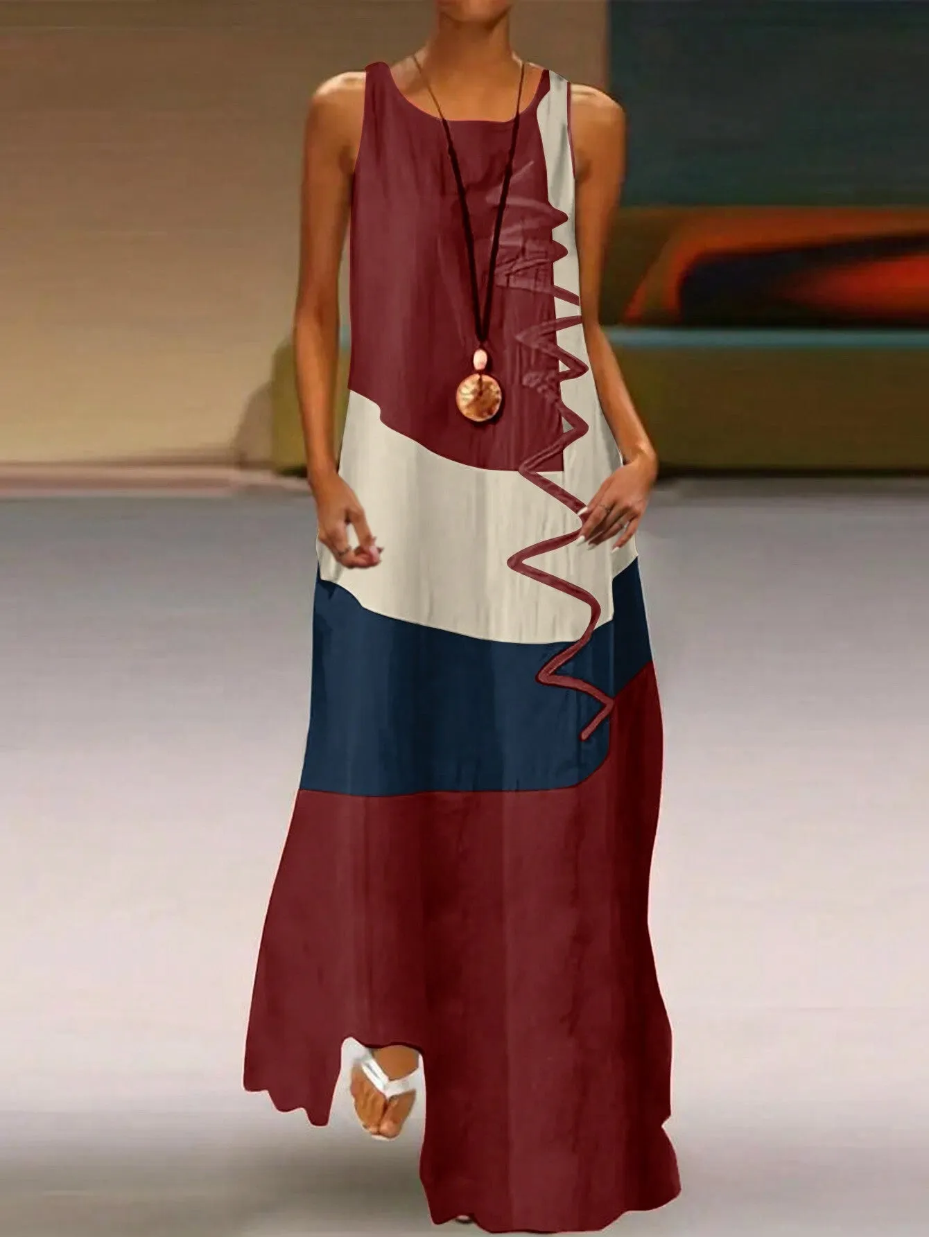 Women's Summer Colorblock Round Neck Sleeveless Maxi Casual Shift Dress
