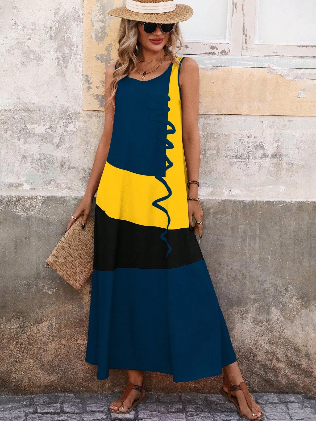 Women's Summer Colorblock Round Neck Sleeveless Maxi Casual Shift Dress