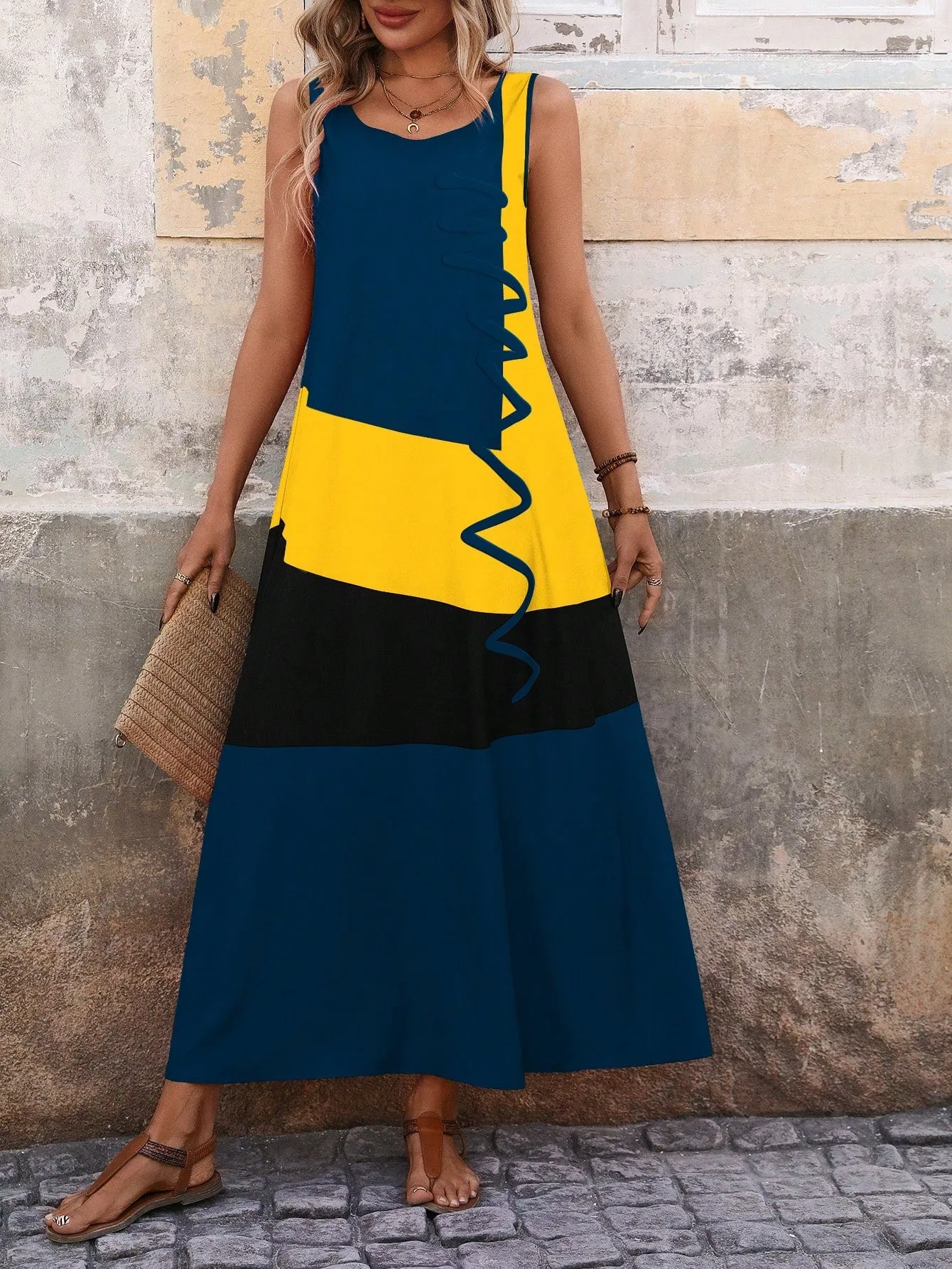 Women's Summer Colorblock Round Neck Sleeveless Maxi Casual Shift Dress