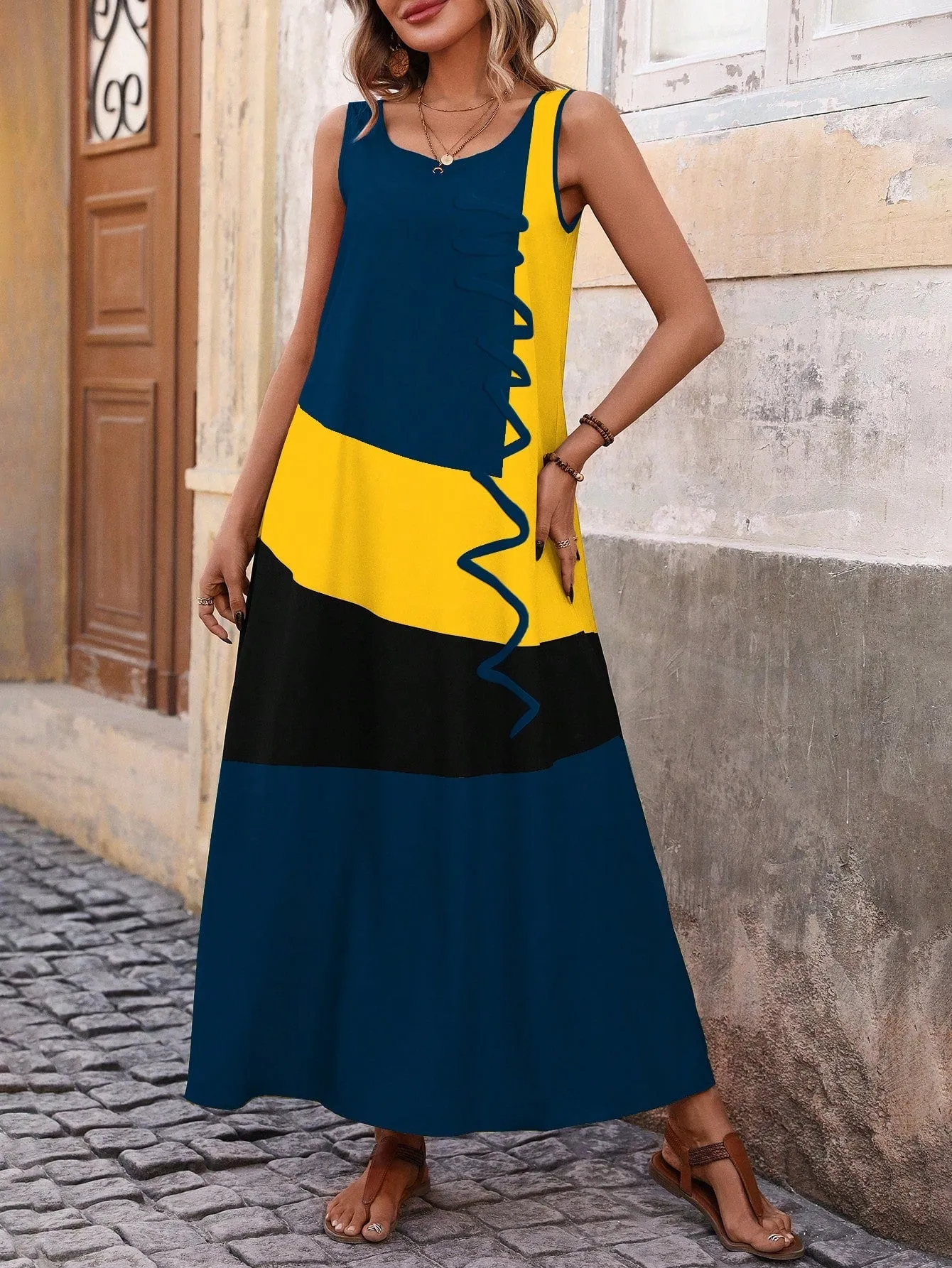 Women's Summer Colorblock Round Neck Sleeveless Maxi Casual Shift Dress