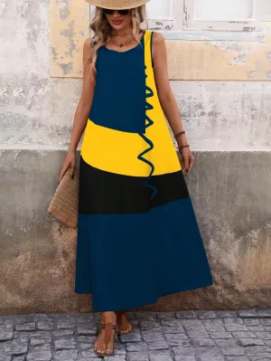 Women's Summer Colorblock Round Neck Sleeveless Maxi Casual Shift Dress