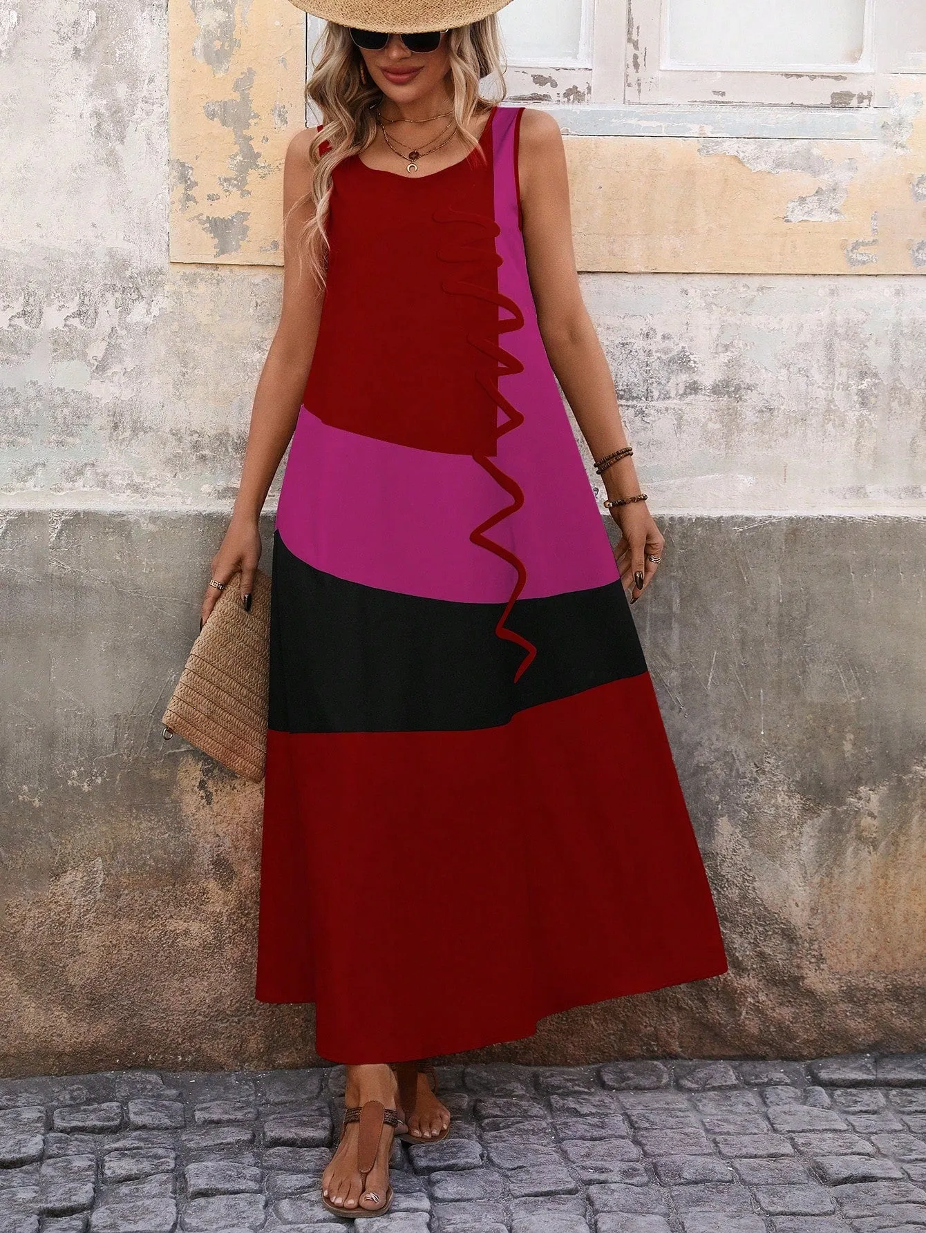 Women's Summer Colorblock Round Neck Sleeveless Maxi Casual Shift Dress