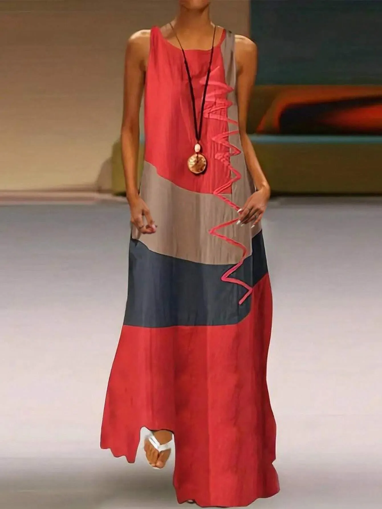 Women's Summer Colorblock Round Neck Sleeveless Maxi Casual Shift Dress