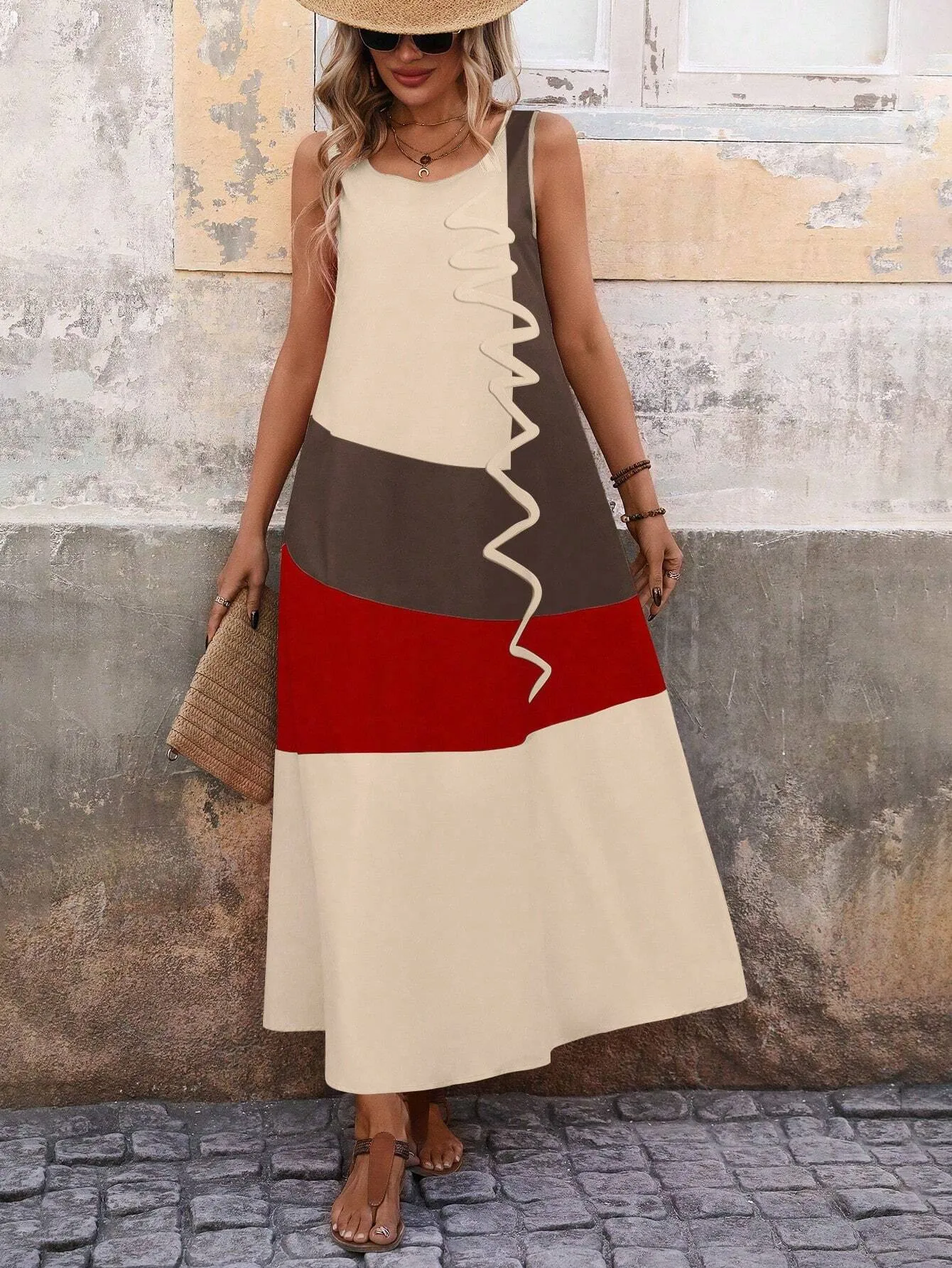 Women's Summer Colorblock Round Neck Sleeveless Maxi Casual Shift Dress