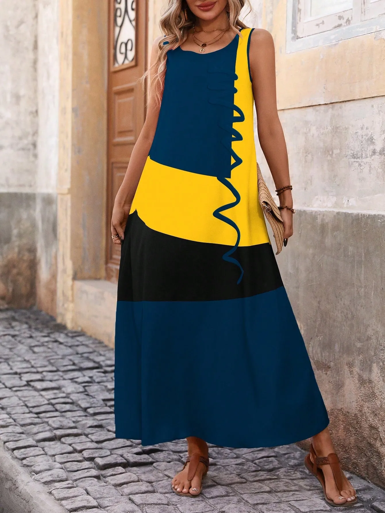 Women's Summer Colorblock Round Neck Sleeveless Maxi Casual Shift Dress