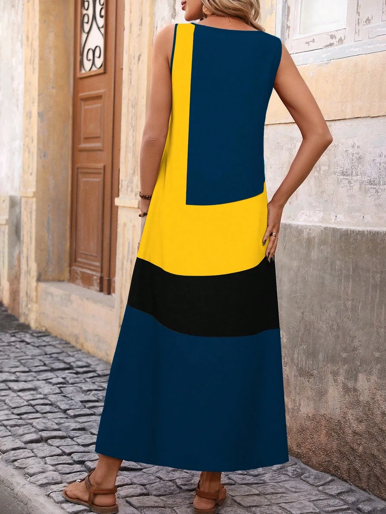 Women's Summer Colorblock Round Neck Sleeveless Maxi Casual Shift Dress