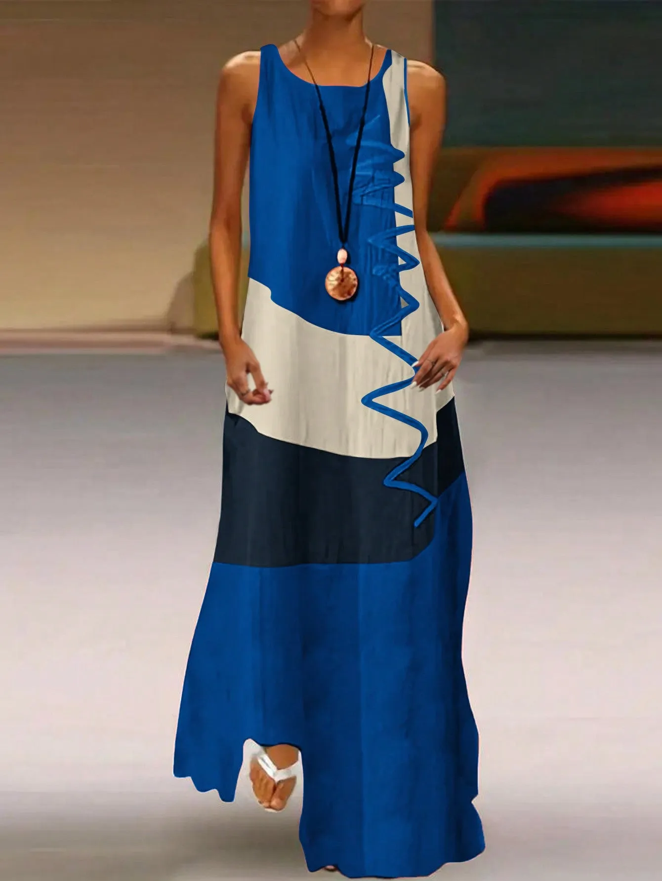 Women's Summer Colorblock Round Neck Sleeveless Maxi Casual Shift Dress