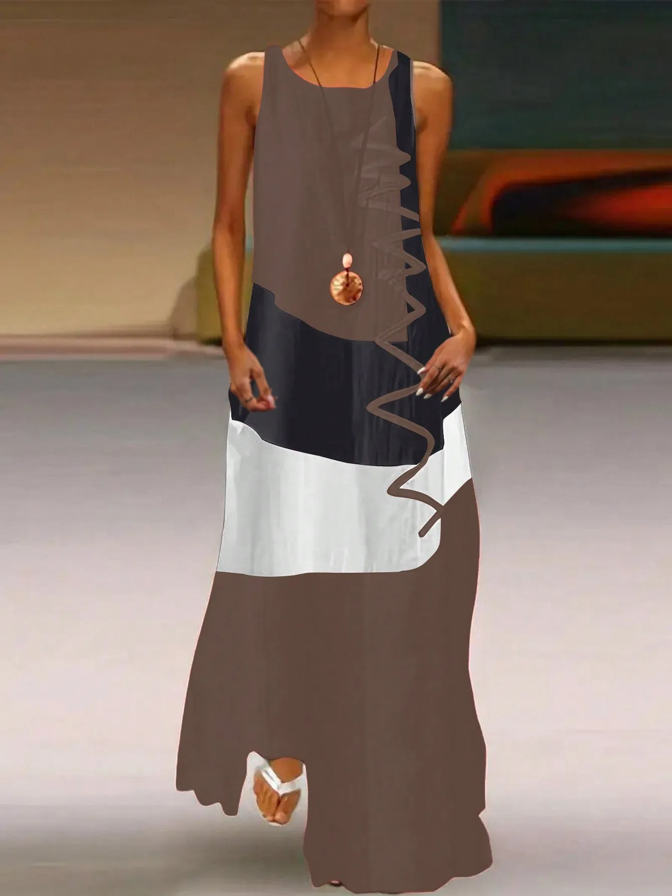 Women's Summer Colorblock Round Neck Sleeveless Maxi Casual Shift Dress